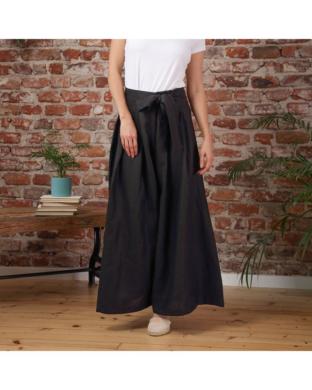 Nikka Place Black Wrap Around Wide Leg Linen Pants With Front Tie