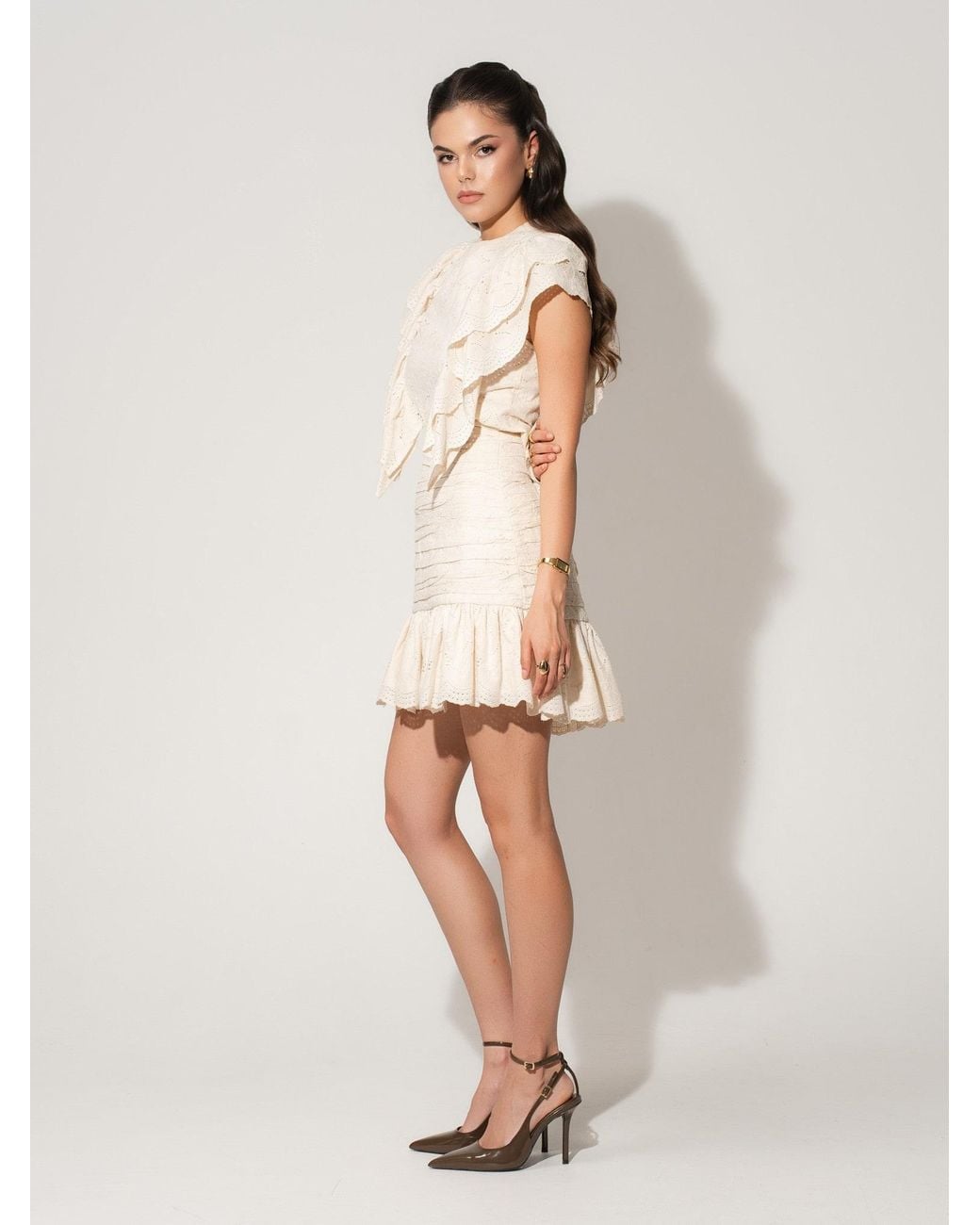 Tia Dorraine Natural Neutrals Ruffled Open Back Top & Ruched Mini Skirt Set