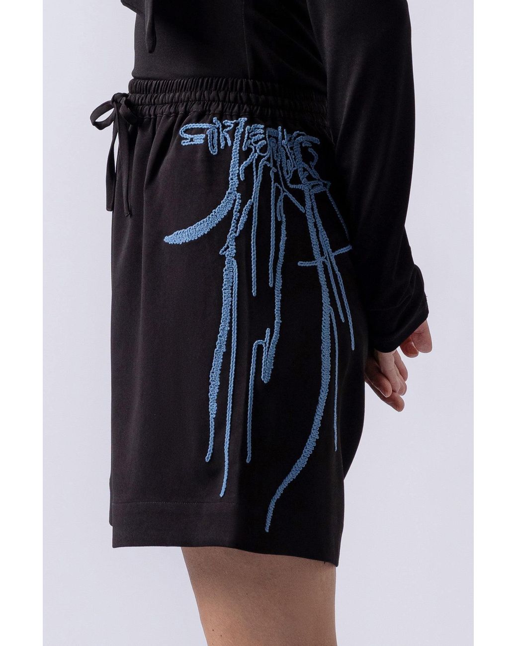 Lendrop Studios Black Leiko Crepe Long Embroidered Shorts