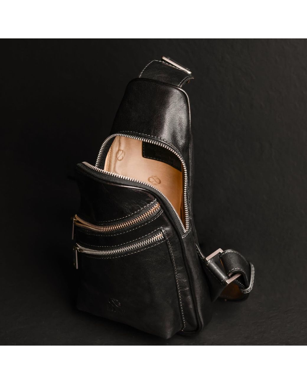 Time Resistance Black Leather Sling Bag for men