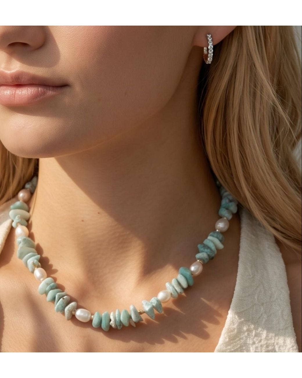 Uchi and Soto Blue Rose Shinju Pearl & Aqua Larimar Stone Necklace