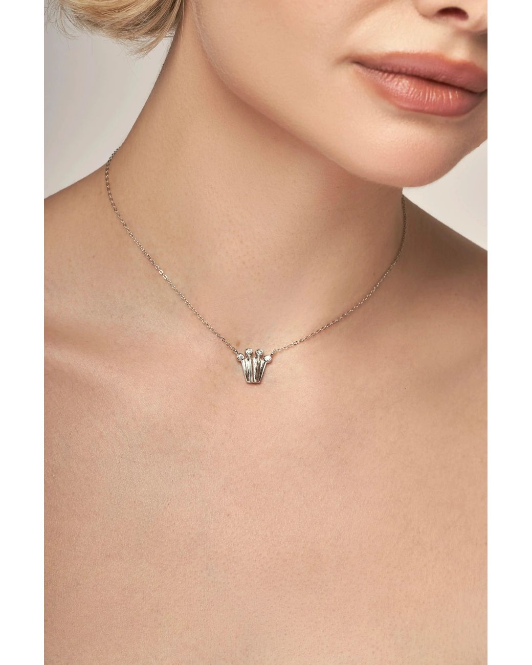 Pearl Code Metallic Crown Pendant Necklace With Diamonds