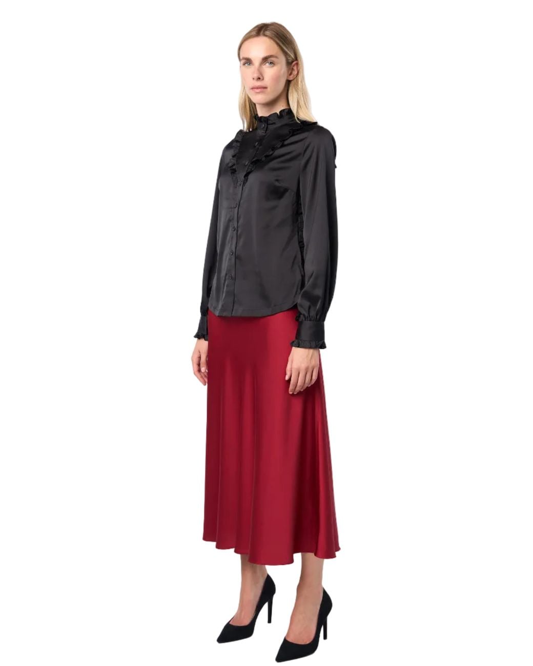 Carloslines Black Ruffle Stand Collar Long Sleeve Shirt