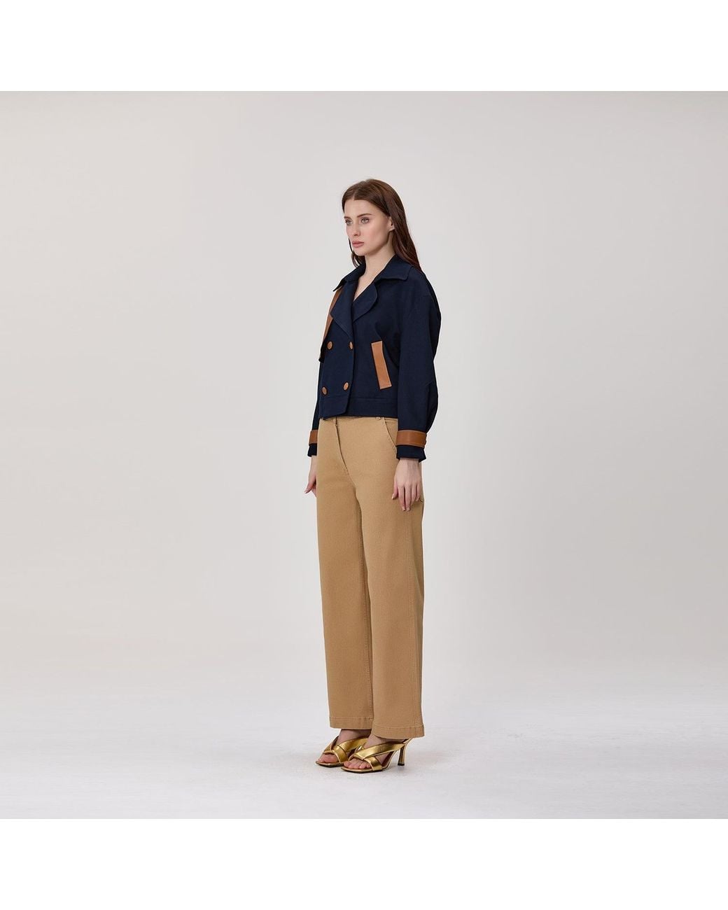 Smart and Joy Blue Short Double-Breasted Trench Coat With Contrasting Panels