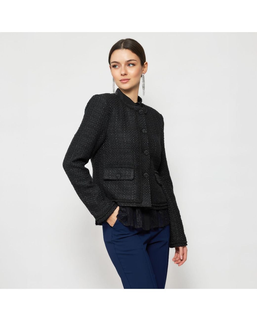 Solgo Atelier Black Pogonia Tweed Bouclé Cropped Jacket With Beaded Trim