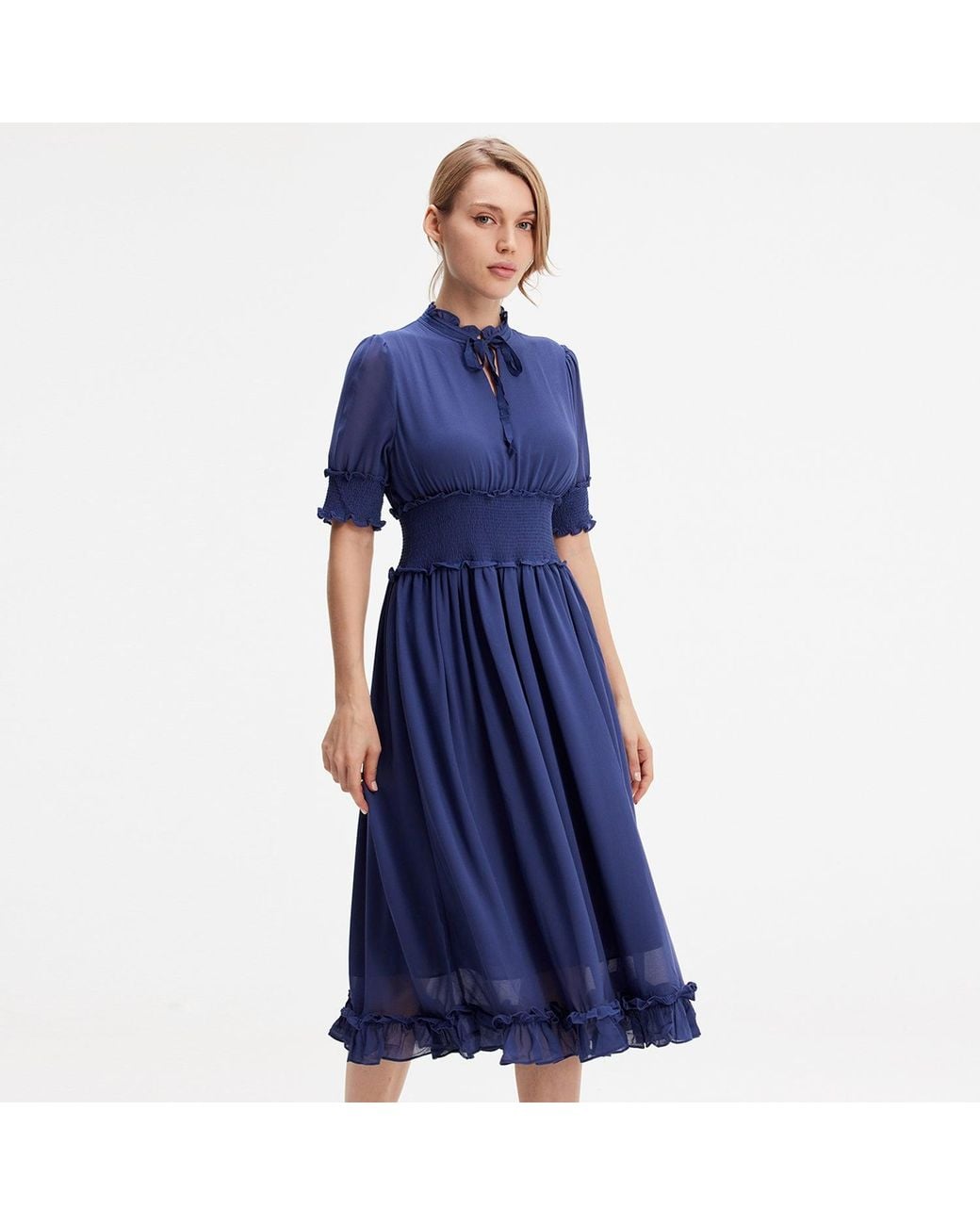 Smart and Joy Blue Chiffon Dress With Smocks And Small Ruffles