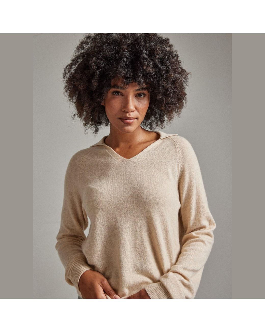 Salts Cashmere Natural Neutrals Split Neck Polo Sweater