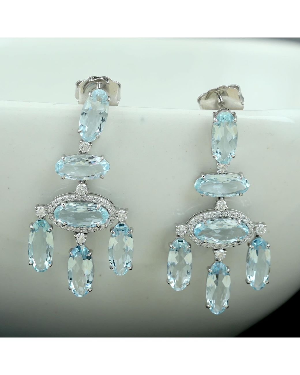 Artisan Blue 18k White Gold Aquamarine Diamond Designer Dangle Earrings