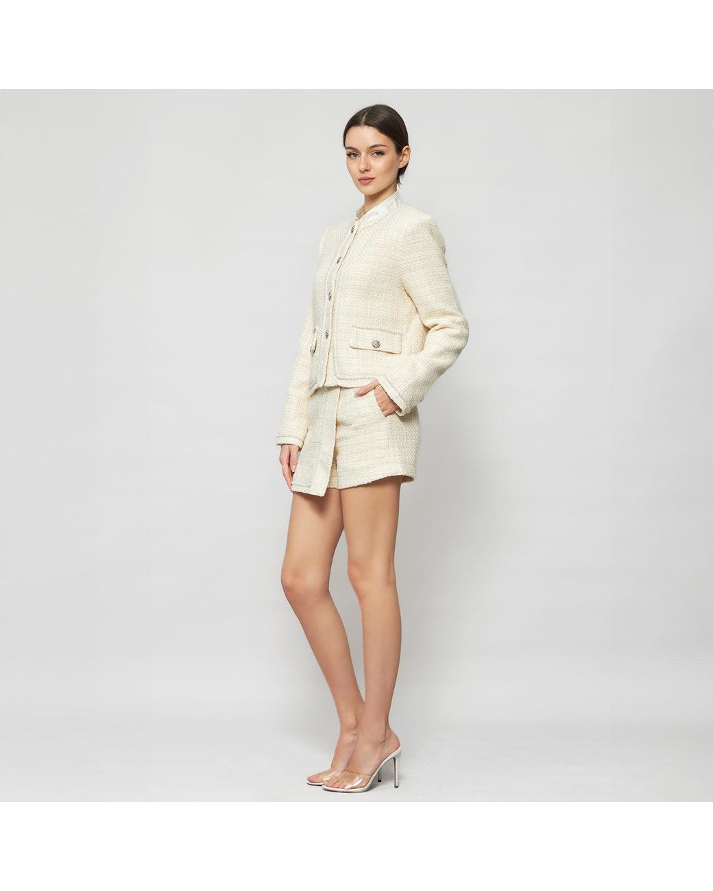 Solgo Atelier White Neutrals Pogonia Crop Tweed Bouclé Jacket With Beaded Trim