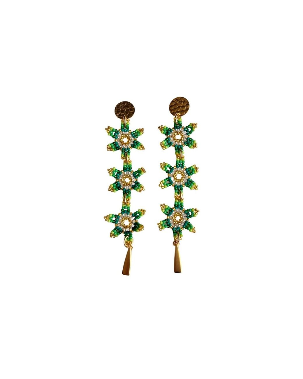 Iliana Arrazola Green Waterfall Blossom Three Flowers Dangle Earrings, Glass Beads, Beaded Jewelry