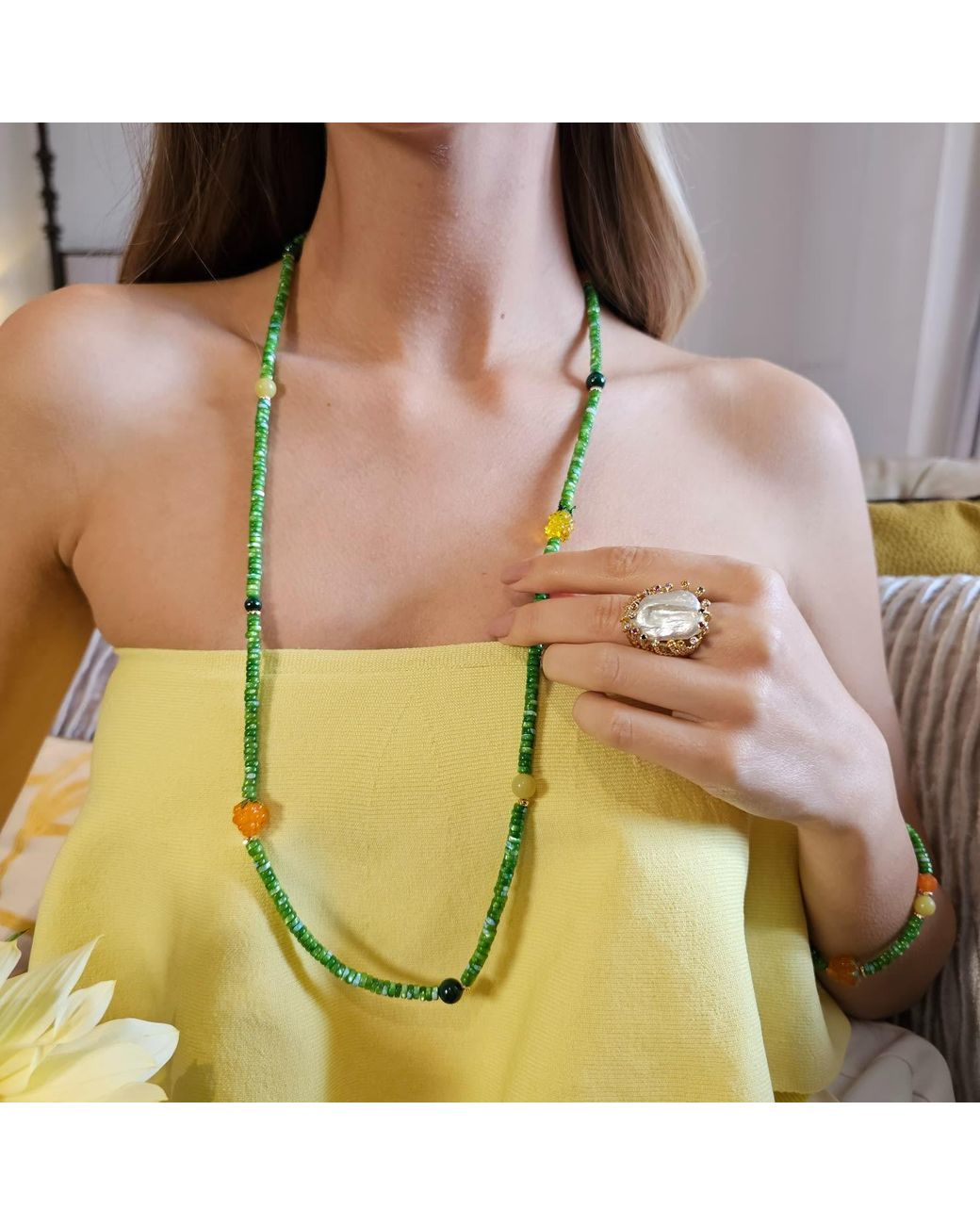 Farra Metallic Flat Baroque Pearl With Colorful Zircon Cocktail Ring