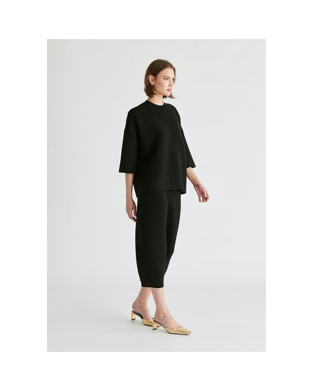 Paisie Black Mock Neck Cropped Sleeve Ribbed Jumper