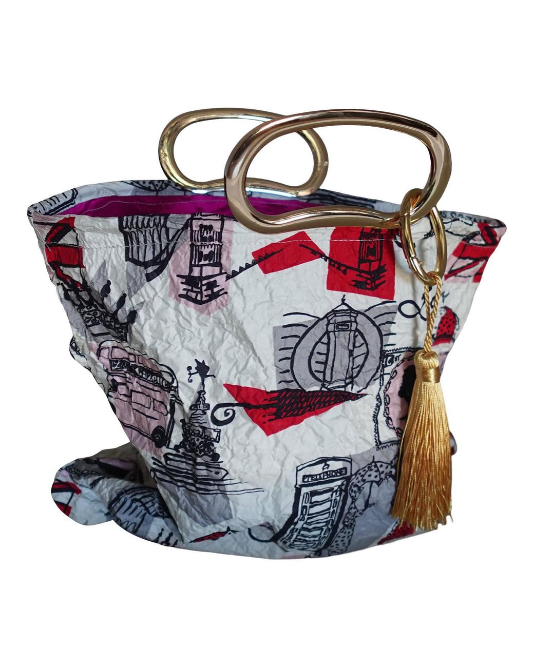 Romer Millinery Purple Morphy Moldable Handle Clutch Upcycled Silk Scarf London Print
