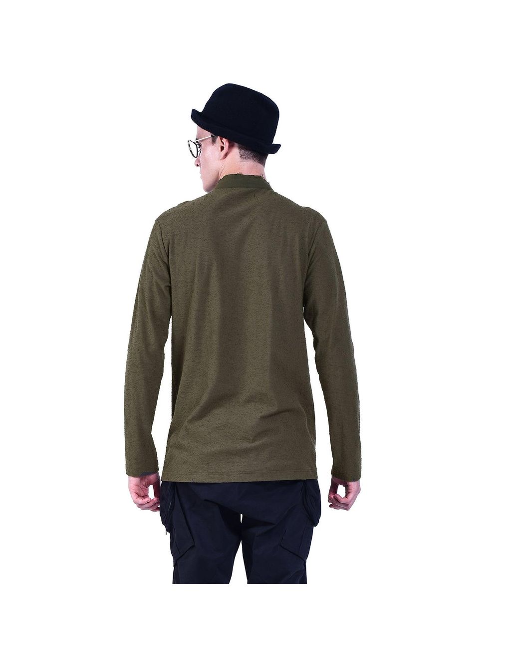 Smart and Joy Green Long-Sleeves T-Shirt With Topstitched Bib And High Collar for men