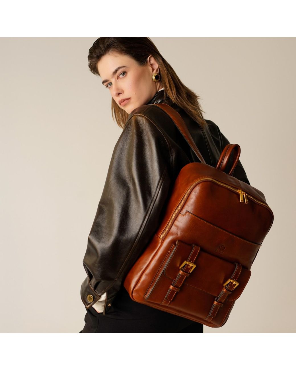 Time Resistance Brown Leather Backpack Travel Bag