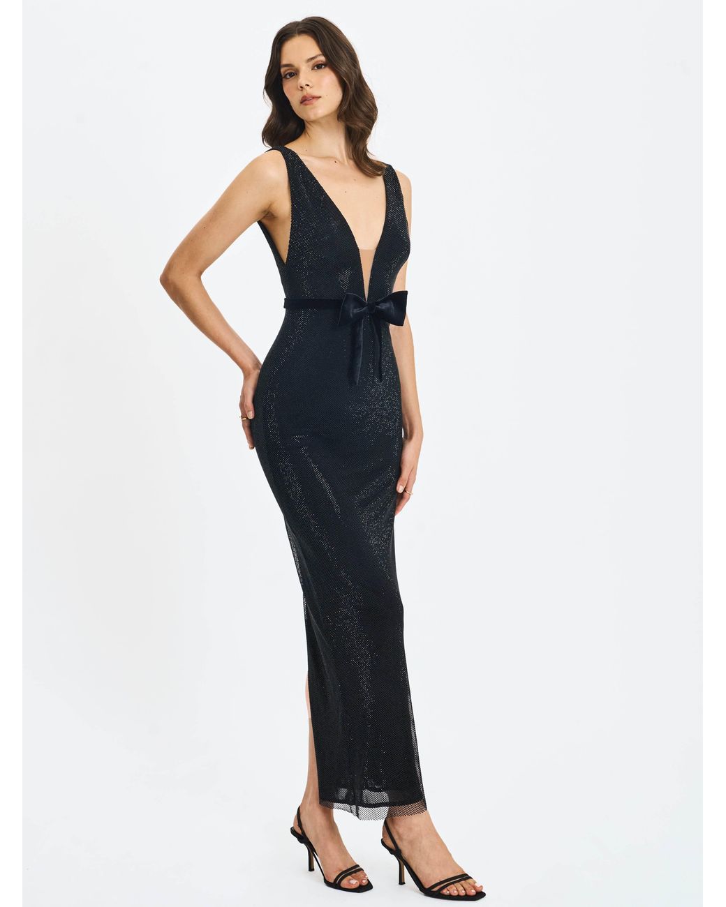Miss Circle New York Black Olympia Belted Bow Plunging Rhinestone Maxi Dress
