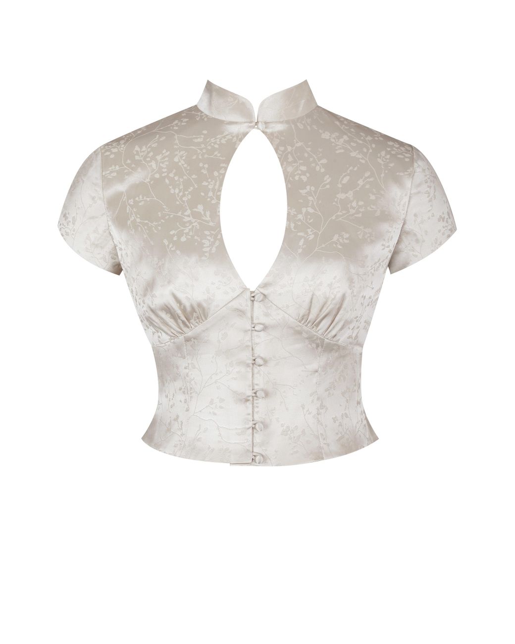 Miss Circle New York White Galilea Ivory Floral Jacquard Keyhole Mandarin Collar Top