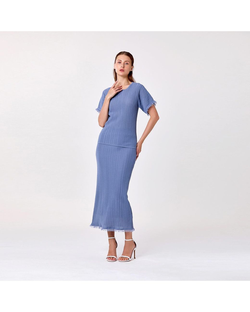 Smart and Joy Blue Long Ribbed Knit Skirt