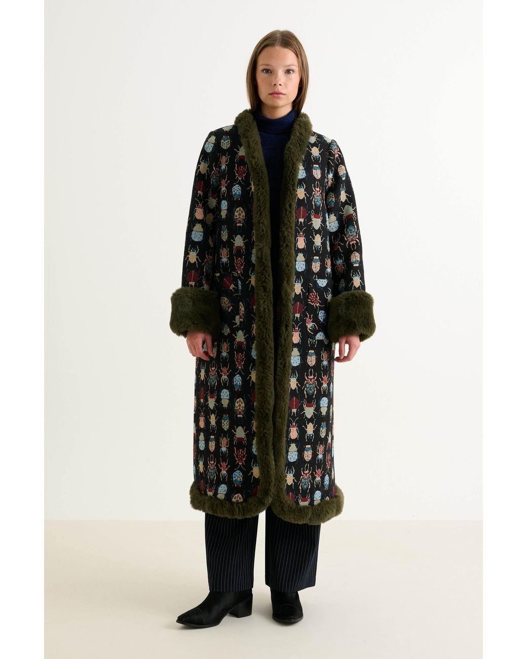 Louche Black Delphia Beetlejuice Jacquard Fur Trim Coat