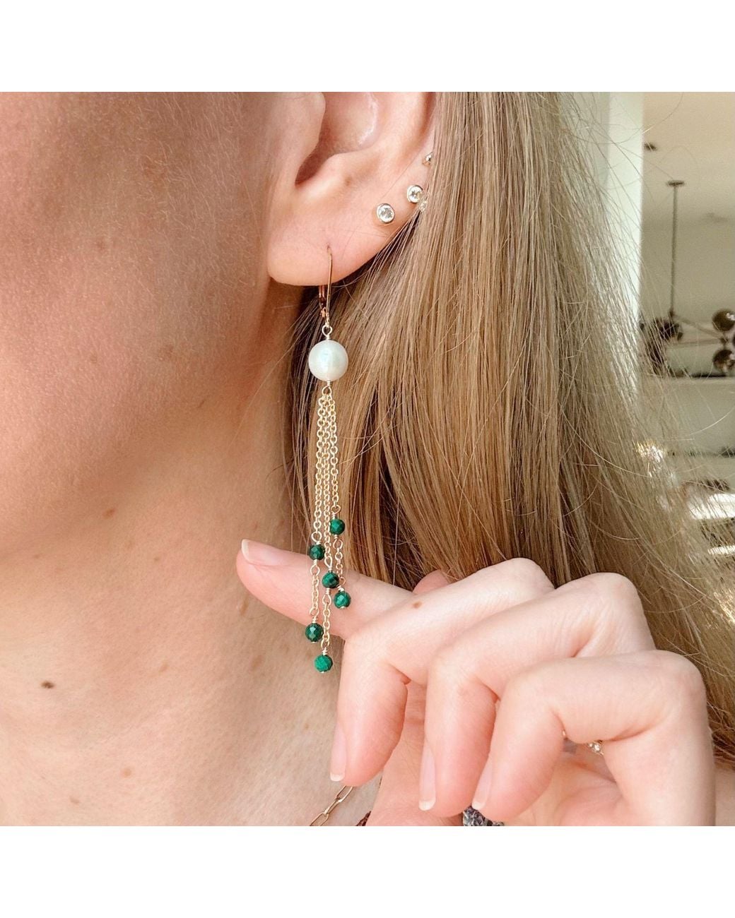 Herself Collections Metallic Pearl & Malachite Drop Chain Earring