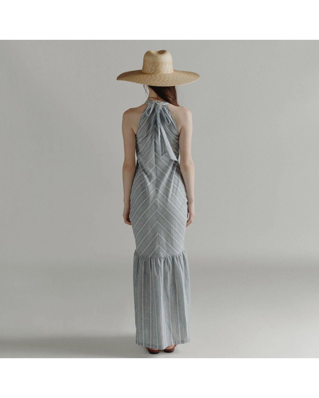 Belsize25 Blue Striped Halterneck Ruched Maxi Dress