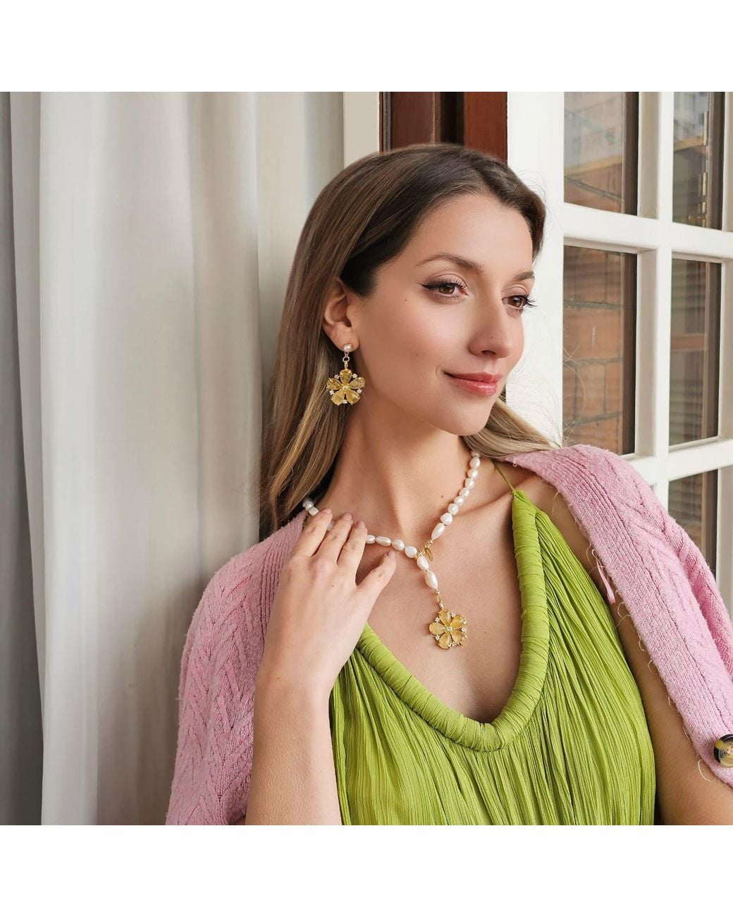 Farra Metallic Irregular Freshwater Pearls With Citrine Flower Pendant Lariat Necklace