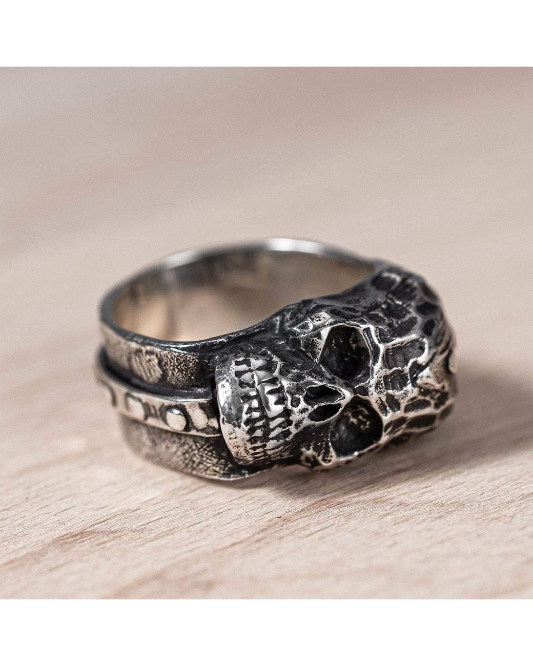 German Kabirski Metallic Seraph Ring With Sculpted Skull Relief for men