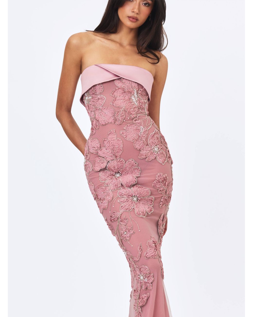 Miss Circle New York Purple Raphaela Dusty Beaded Floral Strapless Mermaid Maxi Dress