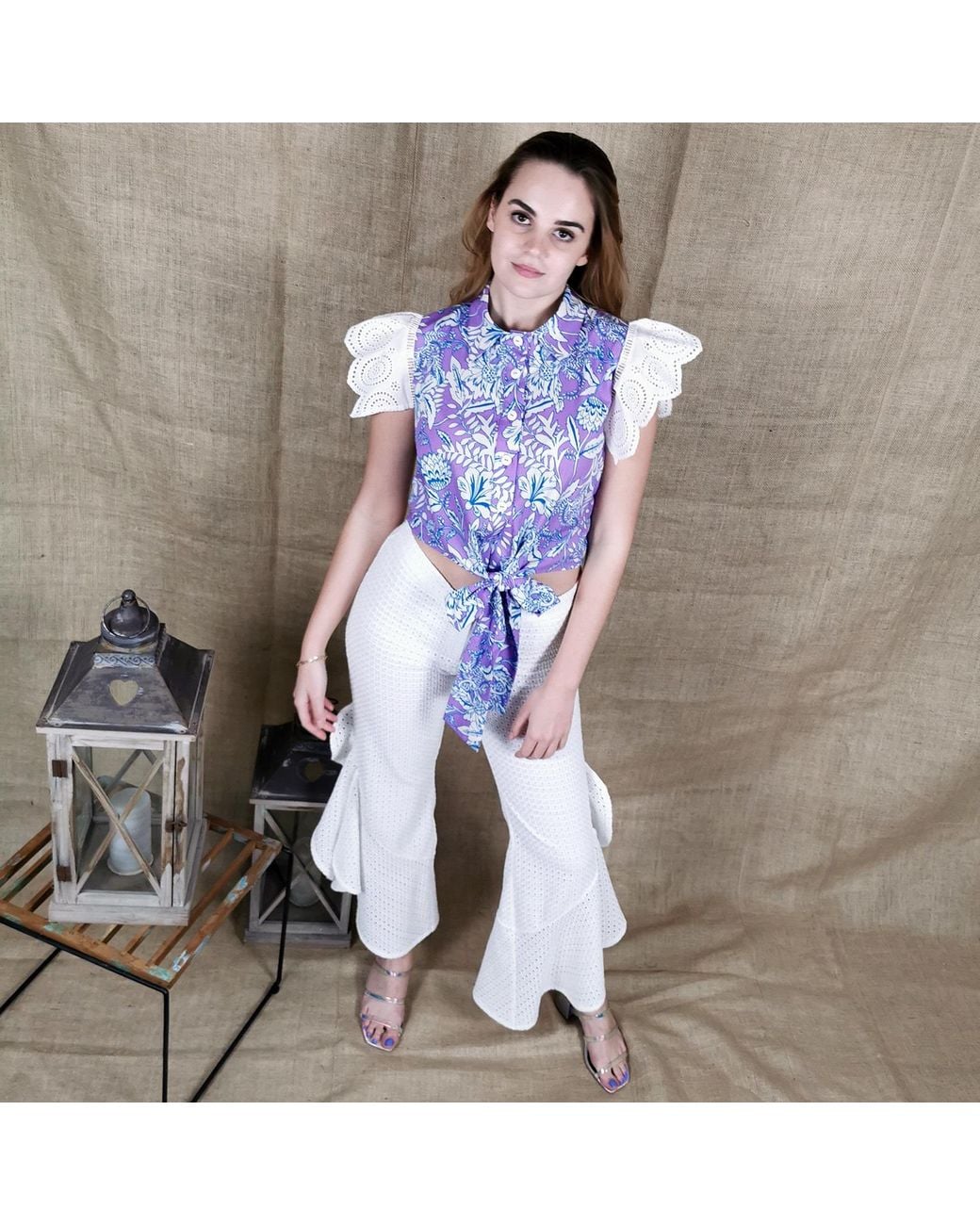 Lalipop Design Blue Cotton Shirt With Ruffled Embroidered Sleeves