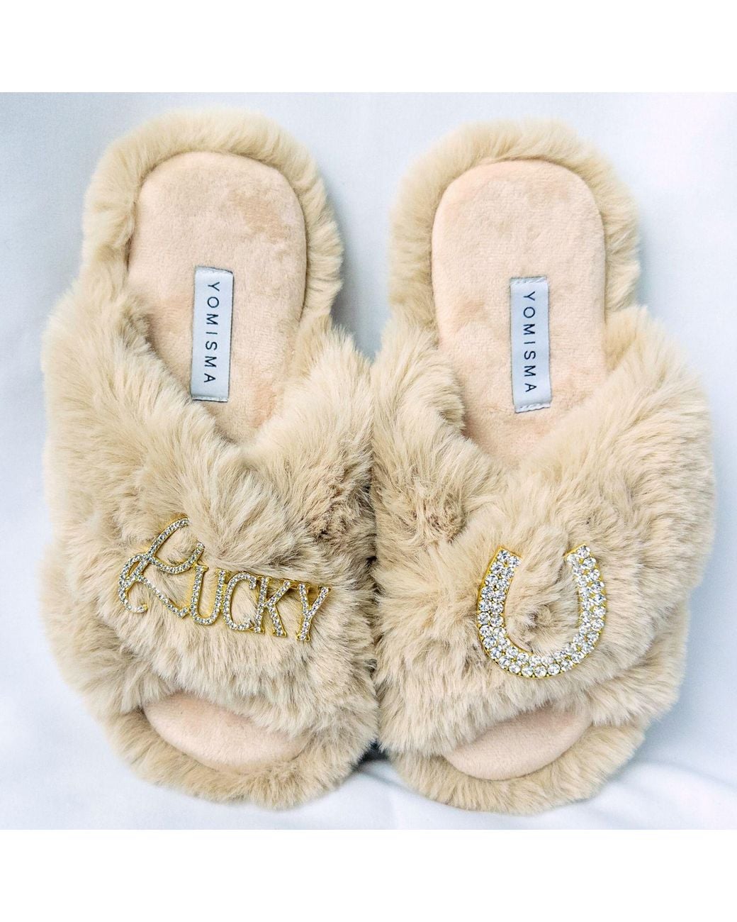 Yomisma Natural Neutrals Eco Faux Fur Slippers – Recycled Faux Fur With Lucky + Horseshoe Embellishment