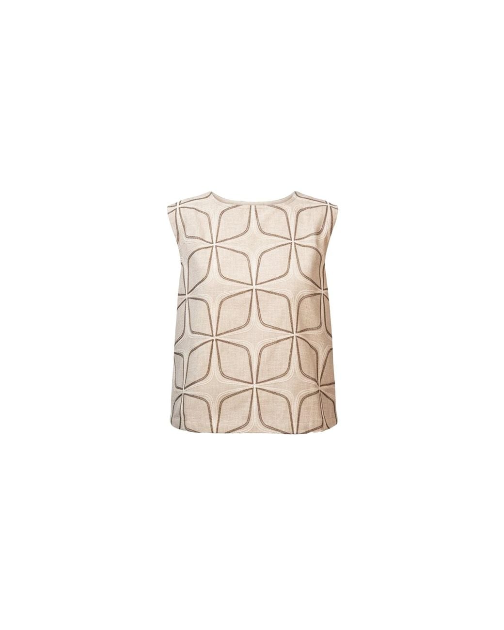 Stovaria Natural Neutrals Embroidered Linen Structured Sleeveless Statement Top