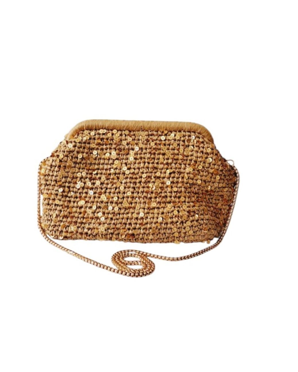 Springmoonatelier Metallic Handcrafted Raffia Clutch With Golden Sequins