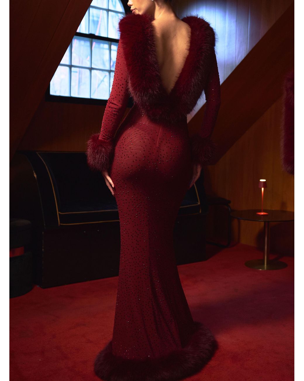 Miss Circle New York Purple Mellie Burgundy Regular-Length Rhinestone Mesh Low Back Mermaid Gown