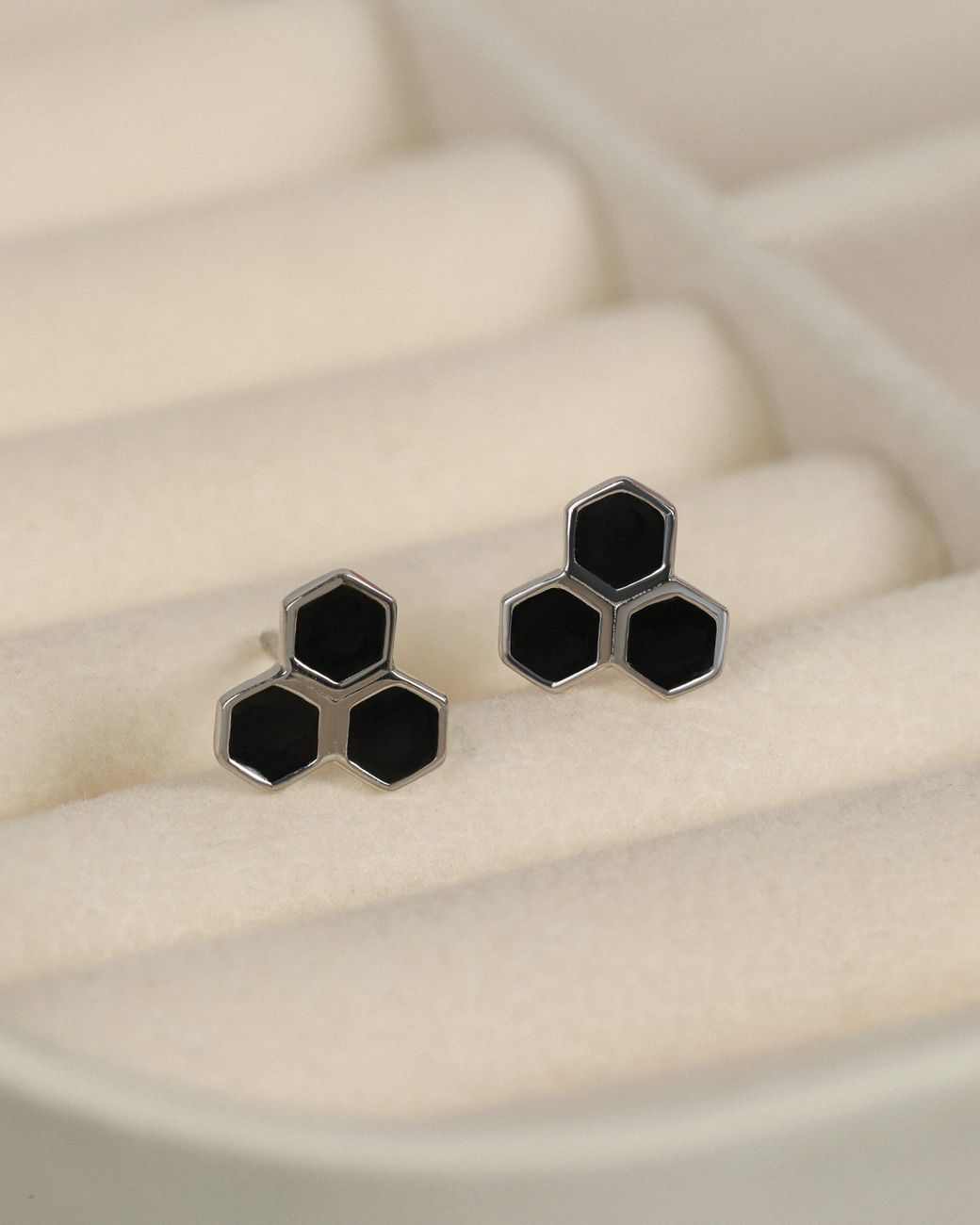The Jewelz Black Triple Hexagon Enamel Stud Earrings for men