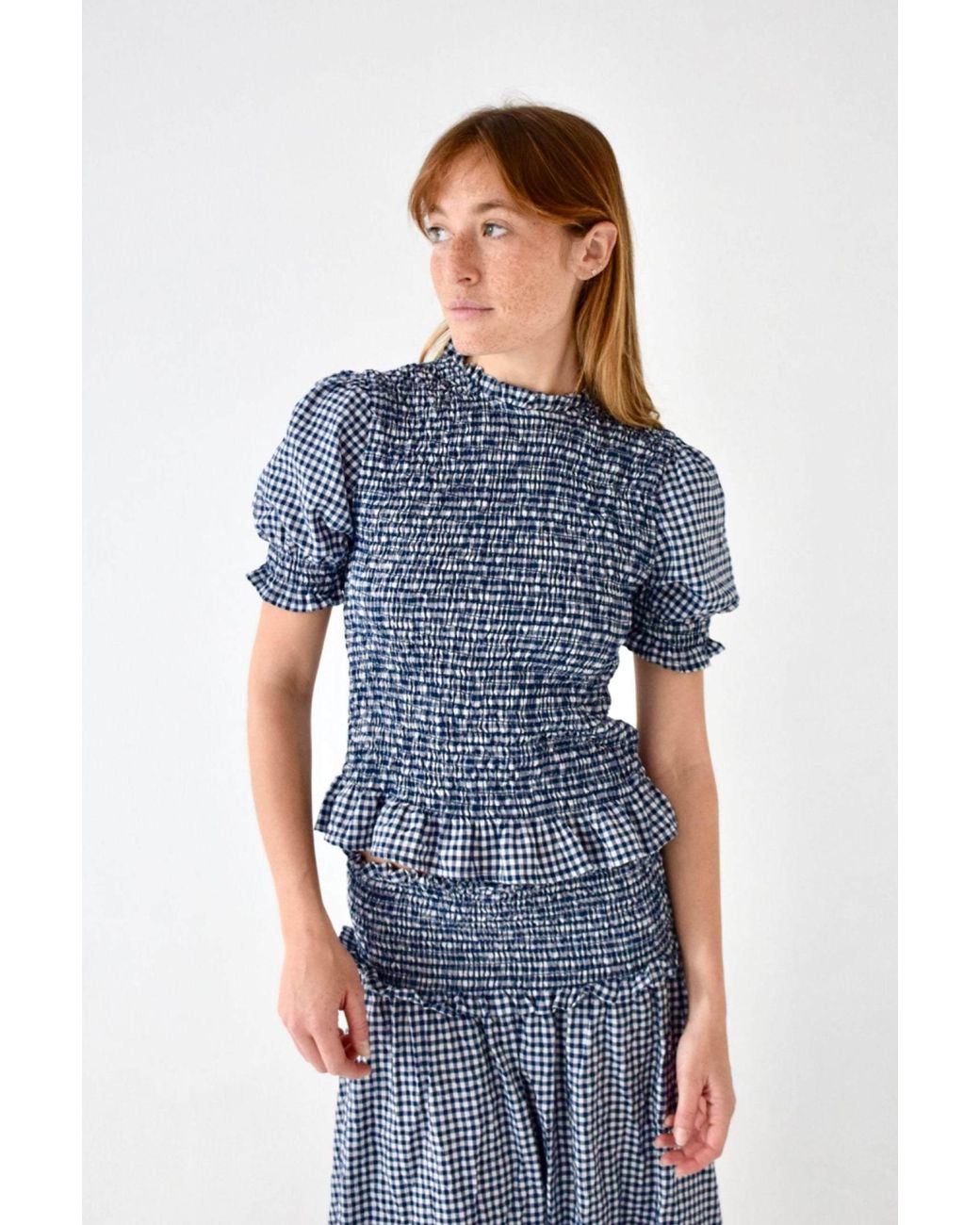 Mind Traveler Blue Gingham Smocked Lea Crop Top