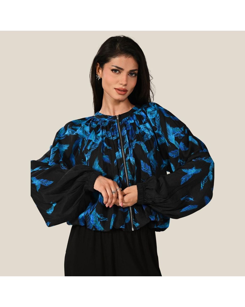 Rose & Nancy Blue Lille Feather Print Zip Front Light Bomber Jacket