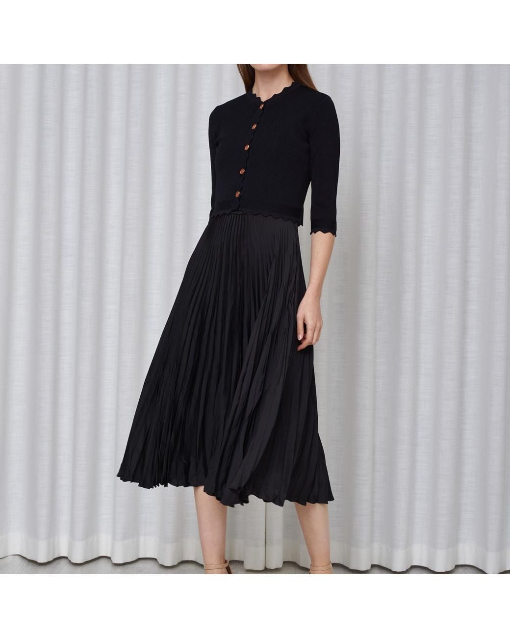 Roch Perel Black Satin Pleated Slip Dress