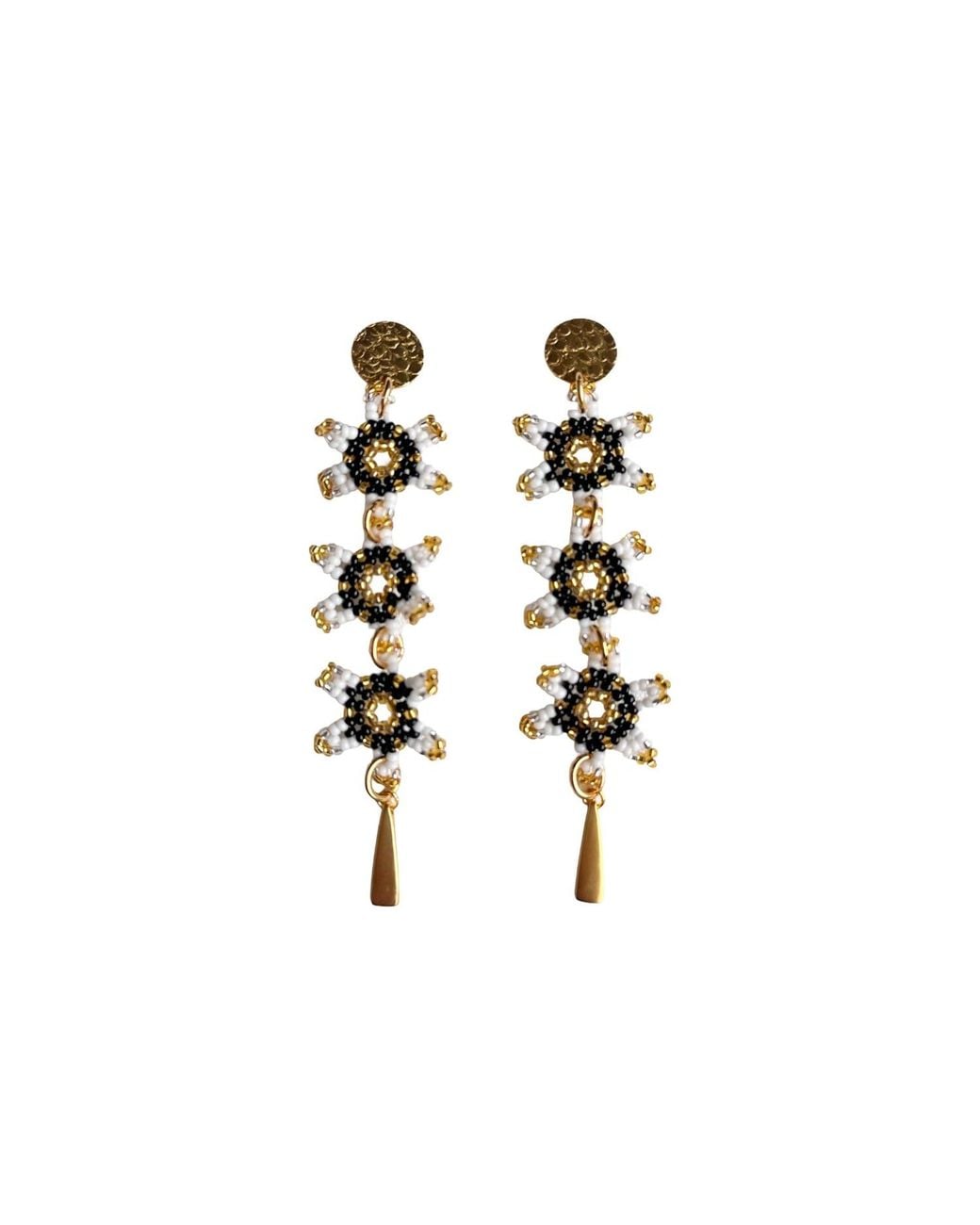 Iliana Arrazola Metallic Waterfall Blossom Three Flowers, Dangle Earrings, And Withe, Glass Beads, Beaded Jewelry