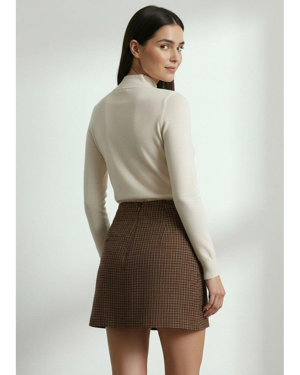 Exquise Brown Regular Check Print Mini Skirt