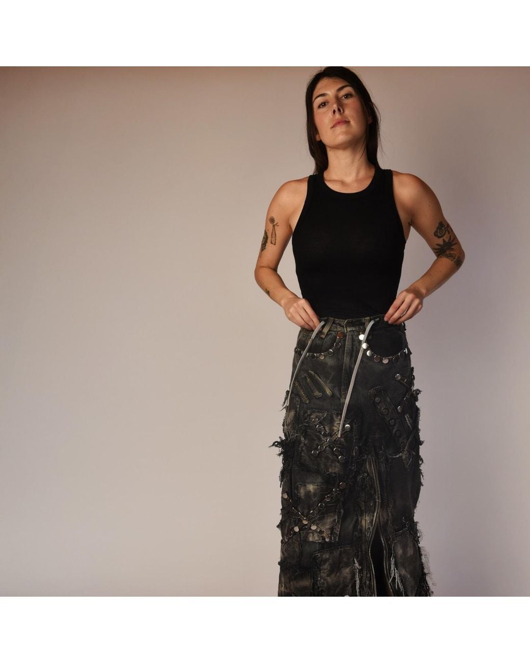 Zasta Studio Gray Shred Couture Studded Denim Skirt C