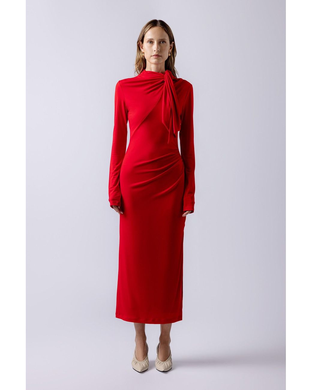 Lendrop Studios Red Yuna Tie Neck Midi Dress