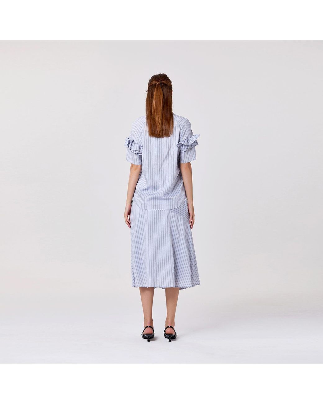 Smart and Joy Gray Flared Midi Skirt With Stripes