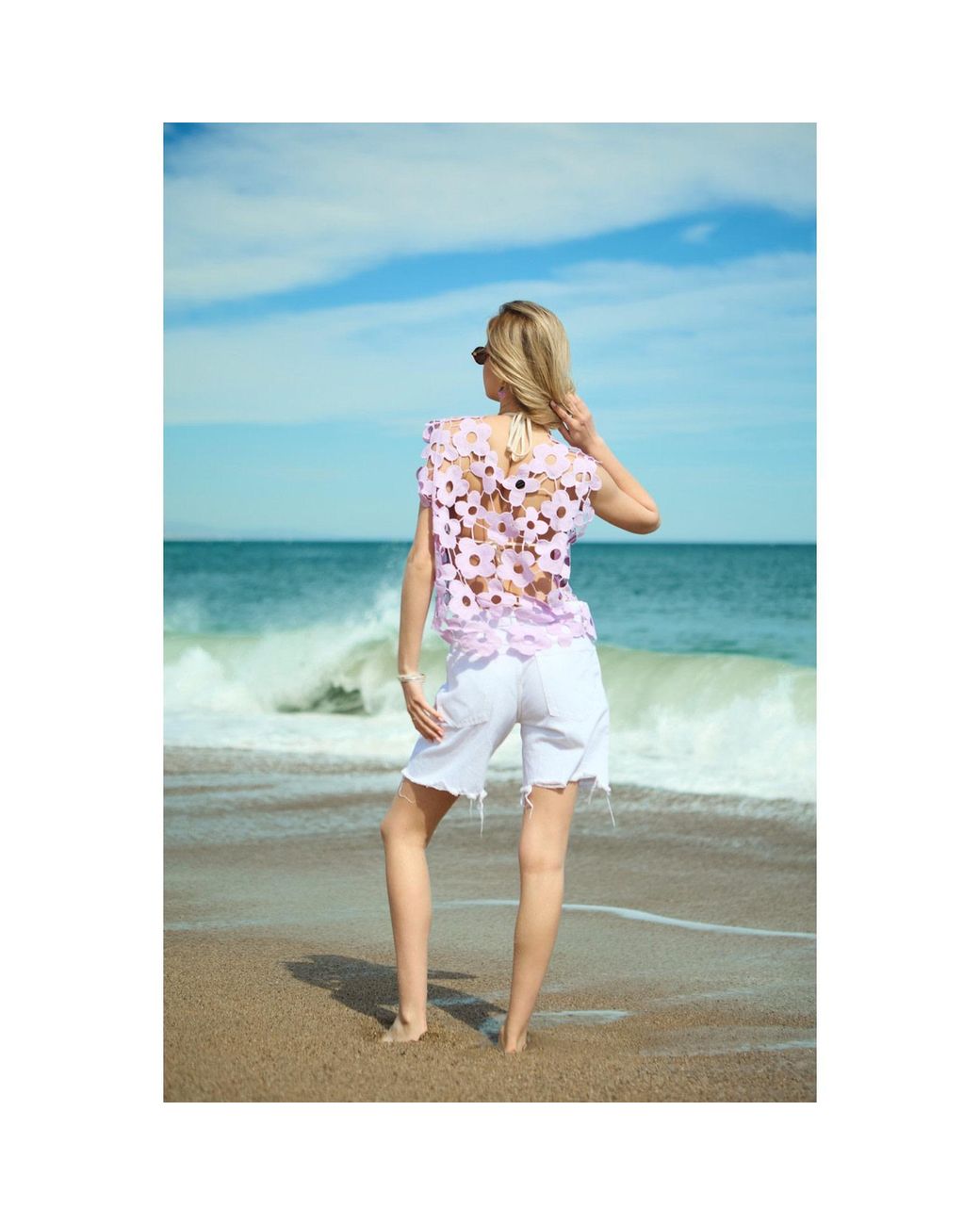 Saachi Purple Floral Open Knit Vest Lilac Top