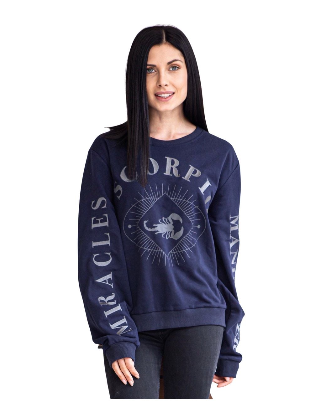 Miracles Manifester Blue Oversized Embroidered Scorpio Sign Sweatshirt