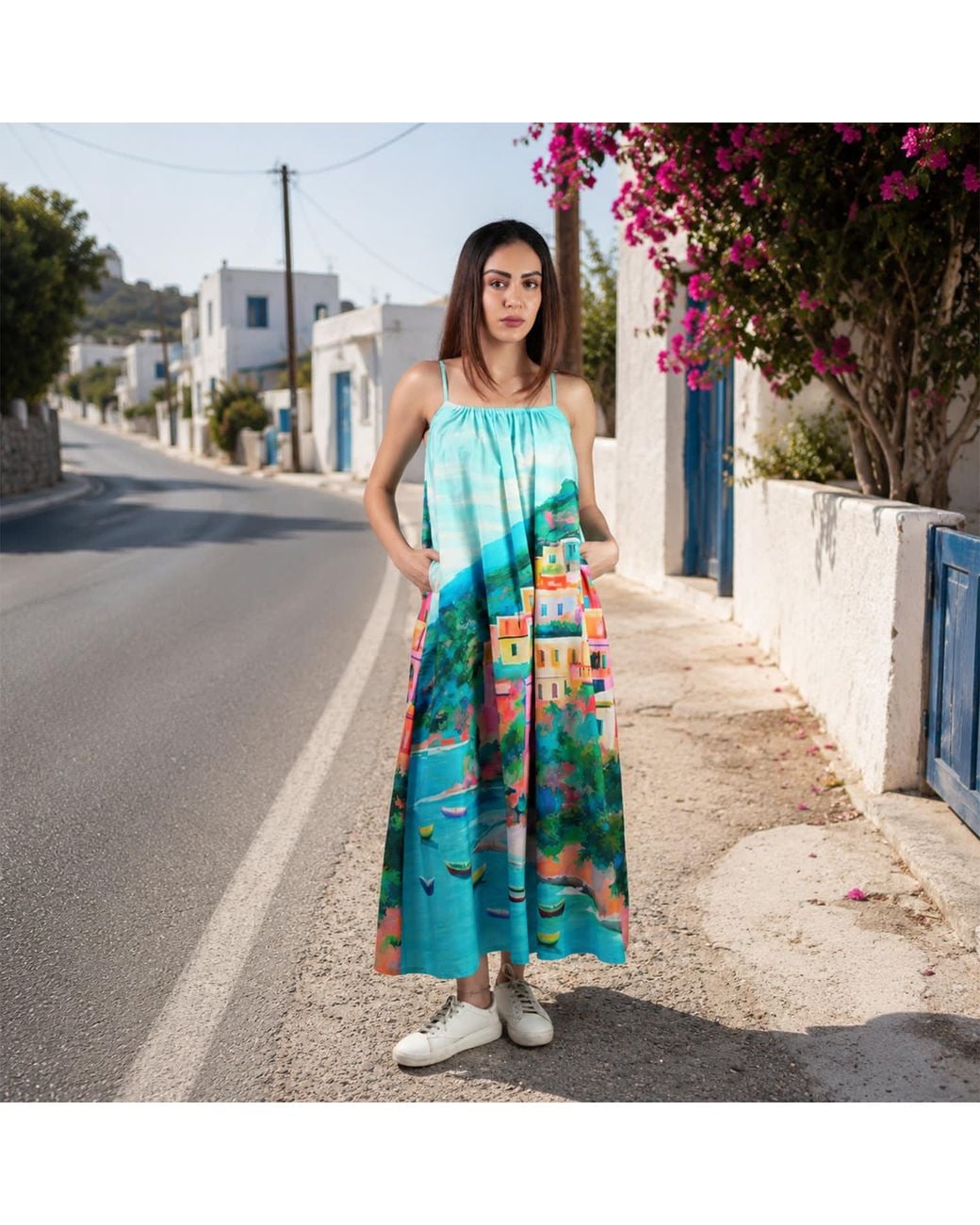 DHARA SHETH DUBAI Blue La Dolce Riviera Mediterranean Print Cotton Maxi Dress With Pockets
