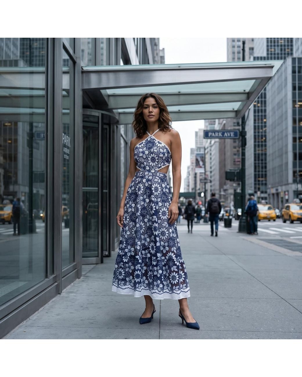 Modenaire Blue Halter Dress With Vintage Embroidery And Cutout Waist