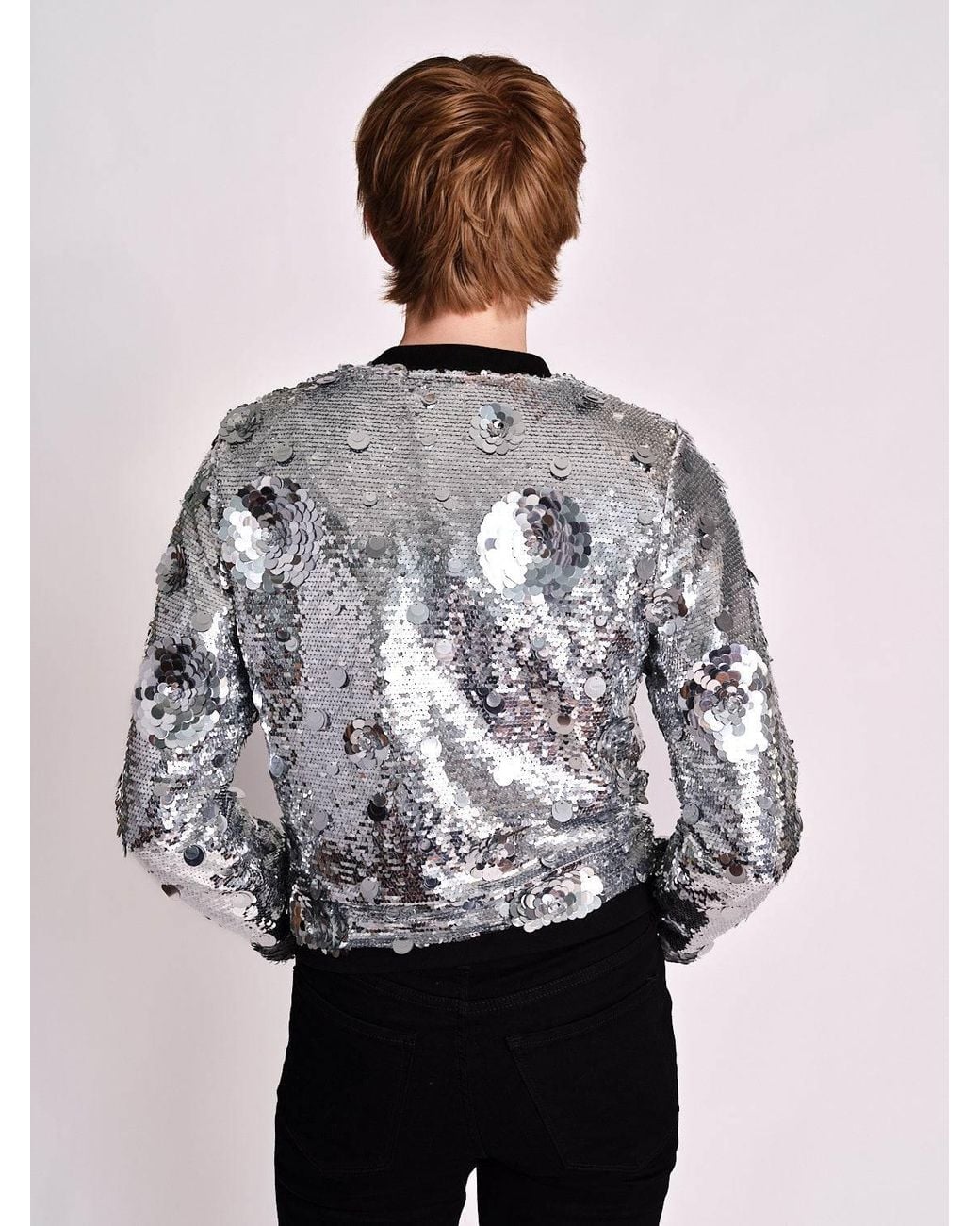 Any Old Iron Gray Petal To The Metal Sequin Bomber Jacket