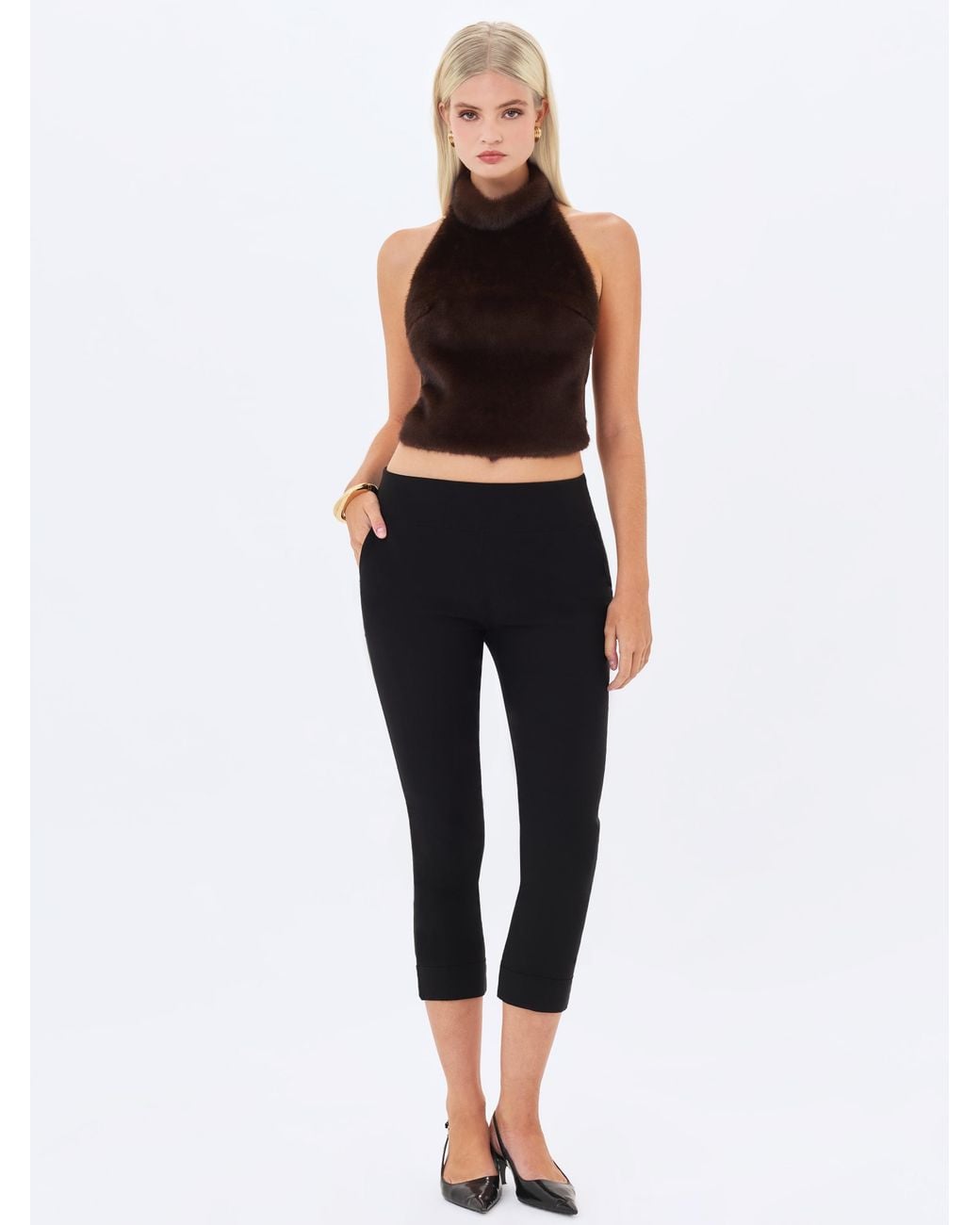 Miss Circle New York Black Xeriah Espresso Faux Mink Fur Backless Halter Top