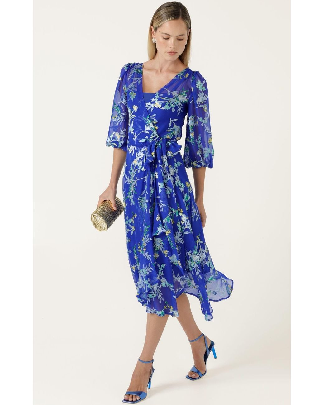 SACHA DRAKE Blue Elspeth Silk Rayon Wrap Midi Dress