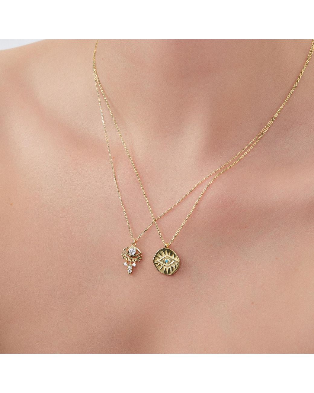 Spero London Metallic Eye Coin & Rectangular Chain Sterling Evil Eye Necklace Set